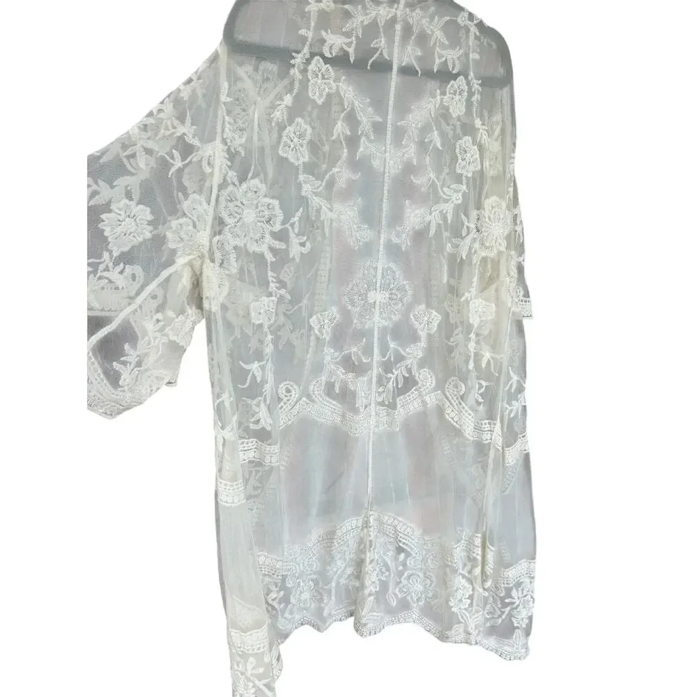 Boho Ivory Embroidered Mesh Lace Kimono Duster Sheer Festival Cardigan L